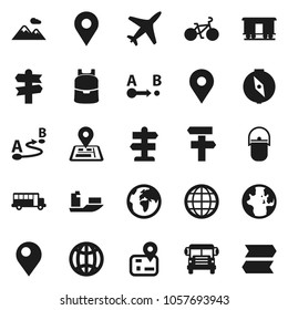 Flat vector icon set - camping cauldron vector, backpack, compass, school bus, world, bike, signpost, navigator, earth, map pin, plane, ship, route, Railway carriage, globe, mountain