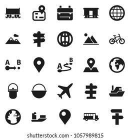 Flat vector icon set - camping cauldron vector, backpack, school bus, bike, signpost, navigator, earth, map pin, Railway carriage, plane, ship, route, globe, mountain