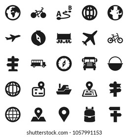 Flat vector icon set - camping cauldron vector, backpack, compass, school bus, world, bike, signpost, navigator, earth, map pin, Railway carriage, plane, ship, route, globe