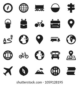 Flat vector icon set - camping cauldron vector, backpack, compass, school bus, world, bike, signpost, navigator, earth, Railway carriage, plane, route, globe, pin, mountain