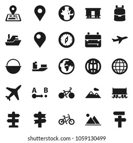 Flat vector icon set - camping cauldron vector, backpack, compass, world, bike, signpost, navigator, earth, Railway carriage, plane, ship, route, globe, pin, mountain