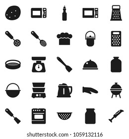 Flat vector icon set - camping cauldron vector, kettle, colander, scales, cook hat, glove, skimmer, spatula, grater, microwave oven, double boiler, bbq, sieve, dish, jar, potato, oil, blender