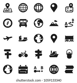 Flat vector icon set - camping cauldron vector, backpack, compass, school bus, world, bike, signpost, navigator, earth, Railway carriage, plane, ship, route, globe, pin, mountain