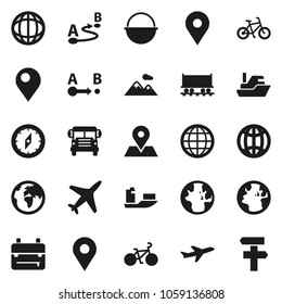 Flat vector icon set - camping cauldron vector, backpack, compass, school bus, world, bike, earth, map pin, Railway carriage, plane, ship, route, globe, mountain, signpost