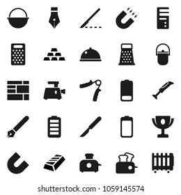Flat vector icon set - camping cauldron vector, grater, dish, pen, award cup, magnet, gold ingot, hand trainer, consolidated cargo, battery, scalpel, meat grinder, toaster, blender, computer, heater