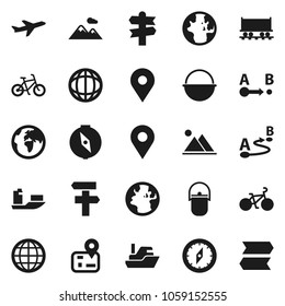 Flat vector icon set - camping cauldron vector, compass, world, bike, signpost, navigator, earth, map pin, Railway carriage, plane, ship, route, globe, mountain