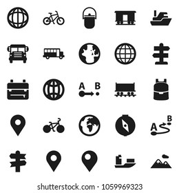 Flat vector icon set - camping cauldron vector, backpack, compass, school bus, world, bike, signpost, earth, map pin, Railway carriage, ship, route, globe, mountain