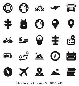 Flat vector icon set - camping cauldron vector, backpack, compass, school bus, world, bike, signpost, navigator, earth, map pin, plane, ship, route, mountain