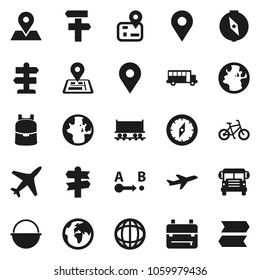 Flat vector icon set - camping cauldron vector, backpack, compass, school bus, world, bike, signpost, navigator, earth, map pin, Railway carriage, plane, route