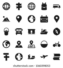 Flat vector icon set - camping cauldron vector, backpack, compass, school bus, world, bike, signpost, navigator, earth, map pin, plane, ship, Railway carriage, globe, mountain