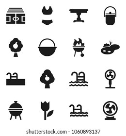 Flat vector icon set - camping cauldron vector, bbq, stadium, swimsuite, pool, tulip, pond, fruit tree, table, fan
