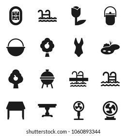 Flat vector icon set - camping cauldron vector, bbq, swimsuite, pool, stadium, tulip, pond, fruit tree, table, fan