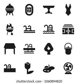 Flat vector icon set - camping cauldron vector, bbq, stadium, swimsuite, pool, tulip, pond, fruit tree, table, fan