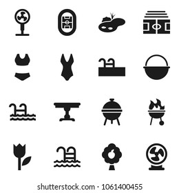 Flat vector icon set - camping cauldron vector, bbq, stadium, swimsuite, pool, tulip, pond, fruit tree, table, fan