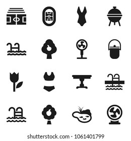 Flat vector icon set - camping cauldron vector, bbq, stadium, swimsuite, pool, tulip, pond, fruit tree, table, fan