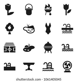 Flat vector icon set - camping cauldron vector, bbq, stadium, swimsuite, pool, tulip, pond, fruit tree, table, fan