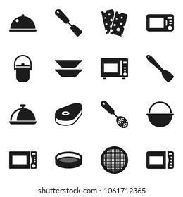 Flat vector icon set - camping cauldron vector, skimmer, spatula, microwave oven, plates, sieve, dish, steak, breads
