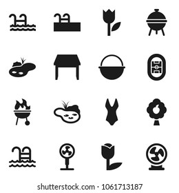 Flat vector icon set - camping cauldron vector, bbq, swimsuite, pool, stadium, tulip, pond, fruit tree, table, fan