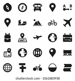 Flat vector icon set - camping cauldron vector, backpack, compass, school bus, world, bike, navigator, earth, map pin, Railway carriage, plane, ship, route, globe, mountain, signpost