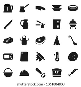 Flat vector icon set - camping cauldron vector, kettle, measuring cup, apron, cook glove, towel, press, ladle, knife, rolling pin, cutting board, turk coffee, thermometer, bbq, plates, jug, sieve