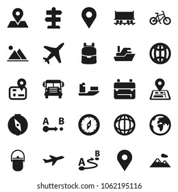 Flat vector icon set - camping cauldron vector, backpack, compass, school bus, world, bike, signpost, navigator, earth, map pin, Railway carriage, plane, ship, route, globe, mountain