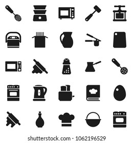 Flat vector icon set - camping cauldron vector, kettle, oil, cook hat, press, skimmer, rolling pin, meat hammer, cutting board, hand mill, turk coffee, toaster, microwave oven, double boiler, jug