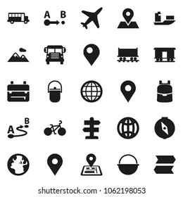 Flat vector icon set - camping cauldron vector, backpack, compass, school bus, bike, signpost, navigator, earth, map pin, Railway carriage, plane, ship, route, globe, mountain