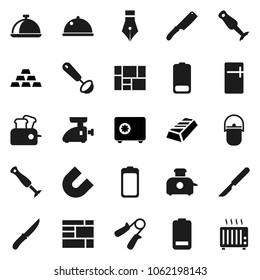 Flat vector icon set - camping cauldron vector, ladle, knife, blender, dish, pen, magnet, gold ingot, safe, hand trainer, consolidated cargo, battery, scalpel, fridge, meat grinder, toaster, heater