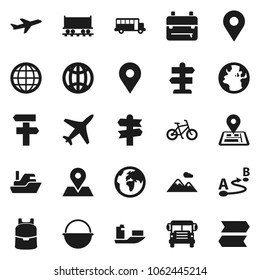Flat vector icon set - camping cauldron vector, backpack, school bus, bike, signpost, navigator, earth, map pin, Railway carriage, plane, ship, route, globe, mountain