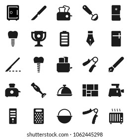Flat vector icon set - camping cauldron vector, ladle, grater, toaster, blender, dish, pen, award cup, safe, hand trainer, consolidated cargo, battery, scalpel, tooth implant, fridge, meat grinder