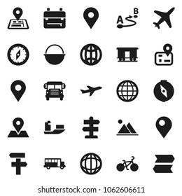 Flat vector icon set - camping cauldron vector, backpack, compass, school bus, world, bike, signpost, navigator, map pin, plane, ship, route, Railway carriage, globe, mountain