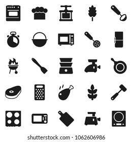 Flat vector icon set - camping cauldron vector, pan, cook hat, timer, press, skimmer, spatula, ladle, meat hammer, cutting board, grater, microwave oven, double boiler, bbq, cereal, steak, cereals