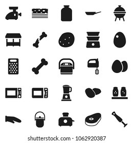 Flat vector icon set - camping cauldron vector, pan, cook glove, grater, mixer, microwave oven, double boiler, spices, bbq, jar, egg, potato, steak, breads, bone, broken, market, meat grinder