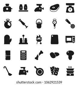 Flat vector icon set - camping cauldron vector, pan, scales, cook glove, timer, skimmer, ladle, cutting board, grater, microwave oven, spices, bbq, mushroom, potato, steak, breads, broken bone