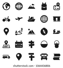 Flat vector icon set - camping cauldron vector, backpack, compass, school bus, world, bike, signpost, navigator, earth, plane, ship, route, Railway carriage, globe, pin, mountain