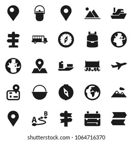 Flat vector icon set - camping cauldron vector, backpack, compass, school bus, world, signpost, navigator, earth, map pin, Railway carriage, plane, ship, route, mountain