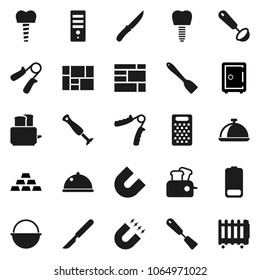 Flat vector icon set - camping cauldron vector, spatula, ladle, knife, grater, toaster, dish, magnet, safe, gold ingot, hand trainer, consolidated cargo, battery, scalpel, tooth implant, blender