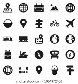 Flat vector icon set - camping cauldron vector, backpack, compass, school bus, world, bike, signpost, navigator, earth, map pin, Railway carriage, plane, ship, route, globe, mountain