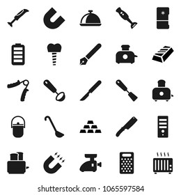 Flat vector icon set - camping cauldron vector, spatula, ladle, knife, grater, toaster, blender, dish, pen, magnet, gold ingot, hand trainer, battery, scalpel, tooth implant, fridge, meat grinder