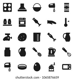 Flat vector icon set - camping cauldron vector, kettle, measuring cup, cook glove, whisk, skimmer, hand mill, mixer, oven, spices, blender, thermometer, jug, sieve, jar, egg, pasta, potato, hood