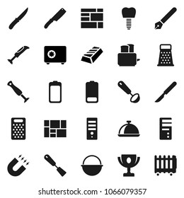 Flat vector icon set - camping cauldron vector, spatula, ladle, knife, grater, toaster, dish, pen, award cup, magnet, gold ingot, safe, consolidated cargo, battery, scalpel, tooth implant, blender