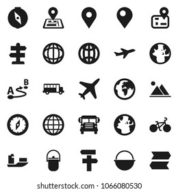 Flat vector icon set - camping cauldron vector, compass, school bus, world, bike, signpost, navigator, earth, map pin, plane, ship, route, globe, mountain