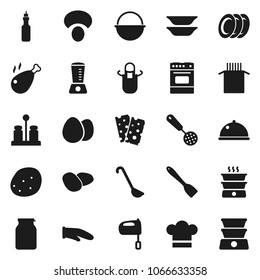 Flat vector icon set - camping cauldron vector, cook hat, apron, glove, skimmer, spatula, ladle, mixer, oven, spices, plates, dish, jar, egg, pasta, mushroom, potato, chicken leg, oil, breads