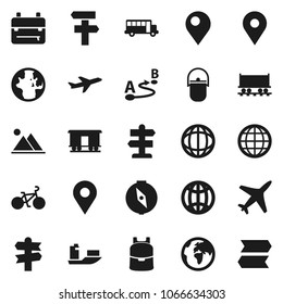 Flat vector icon set - camping cauldron vector, backpack, compass, school bus, world, bike, signpost, earth, map pin, Railway carriage, plane, ship, route, globe, mountain