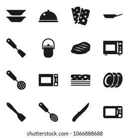 Flat vector icon set - camping cauldron vector, pan, skimmer, spatula, knife, microwave oven, plates, dish, steak, breads
