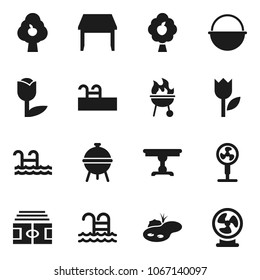 Flat vector icon set - camping cauldron vector, bbq, stadium, pool, tulip, pond, fruit tree, table, fan