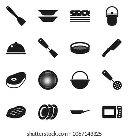 Flat vector icon set - camping cauldron vector, pan, skimmer, spatula, knife, plates, sieve, dish, steak, breads, microwave oven