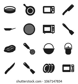 Flat vector icon set - camping cauldron vector, pan, skimmer, spatula, knife, microwave oven, plates, sieve, steak