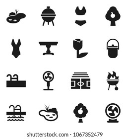 Flat vector icon set - camping cauldron vector, bbq, stadium, swim suite, pool, tulip, pond, fruit tree, table, fan