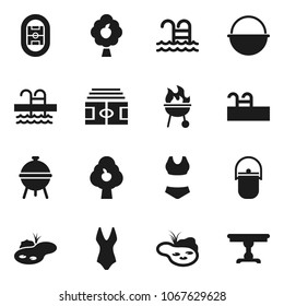 Flat vector icon set - camping cauldron vector, bbq, stadium, swimsuite, pool, pond, fruit tree, table